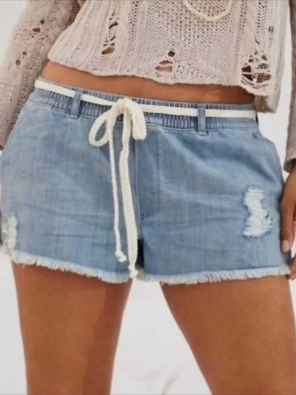 Aerie Light Wash Distressed Denim Shorts Rope Tie Waist Size Medium